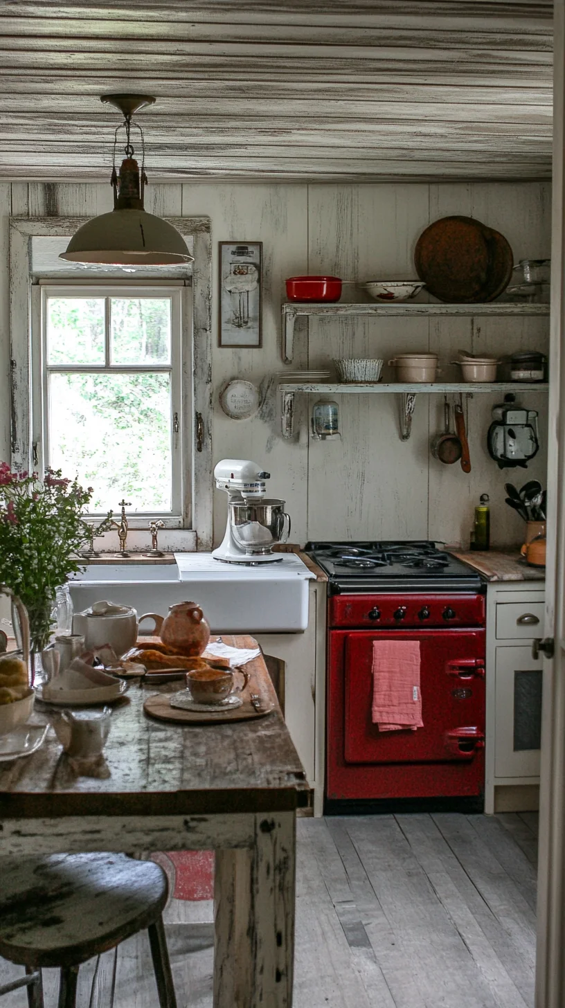 Cozy Vintage Kitchen Charm with a Bold Red Accent