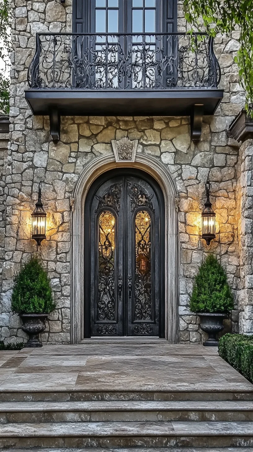 Elegant Rustic Charm: Captivating Stone Entryway with Wrought Iron Details