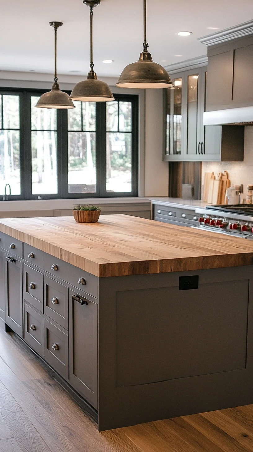 Elevate Your Cooking Space: Chic Gray Cabinets and a Stunning Wood-Top Island