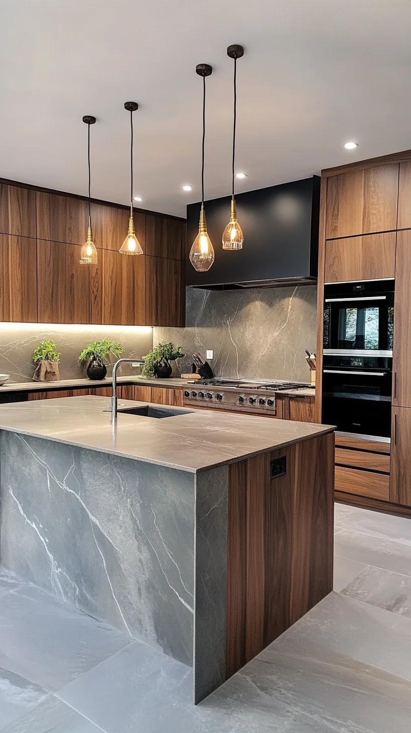 Elevate Your Culinary Space with Chic Dark Wood and Stone Elegance