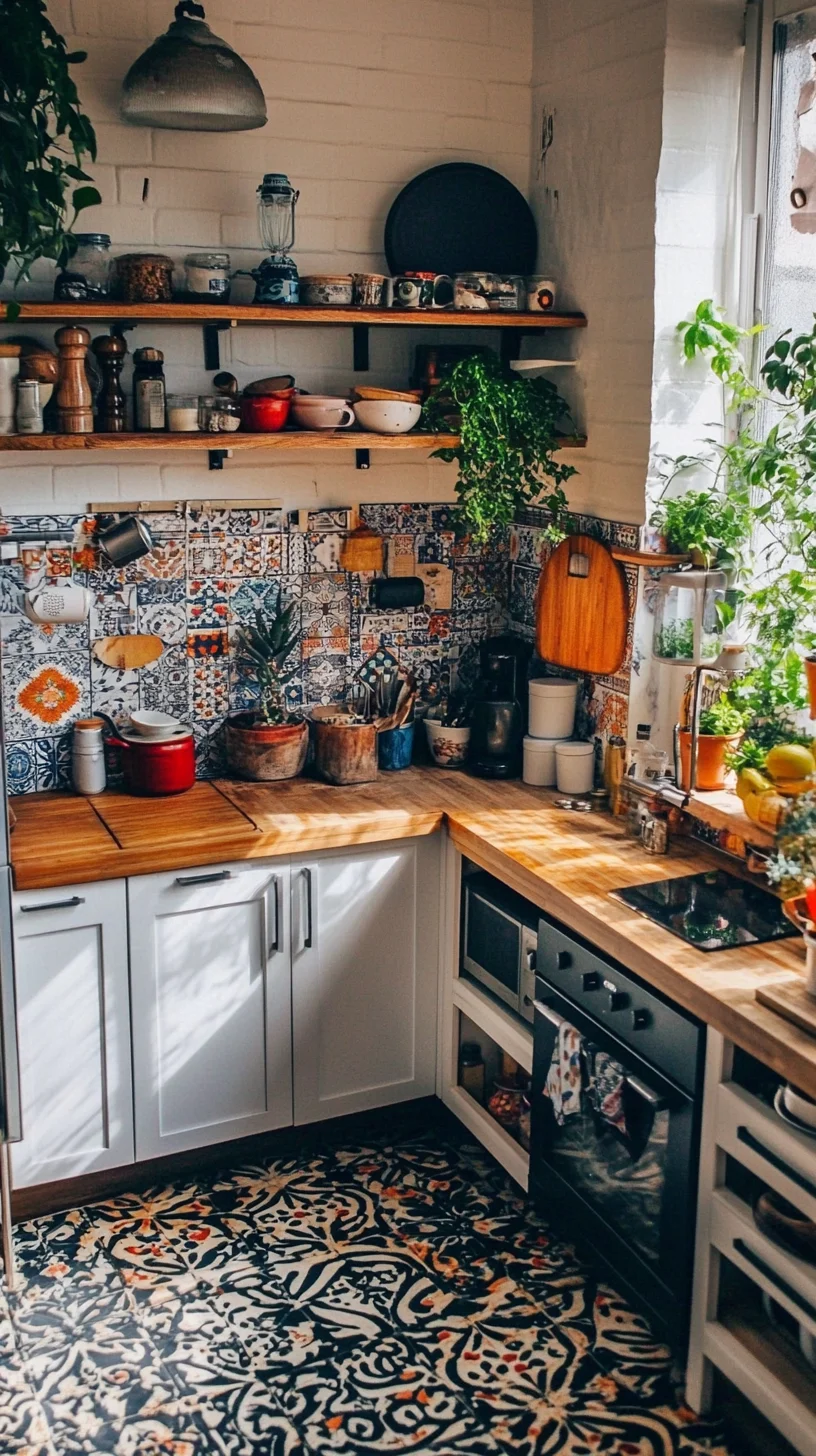 Embrace Bohemian Charm: A Cozy Kitchen Oasis with Vibrant Tiles and Natural Accents