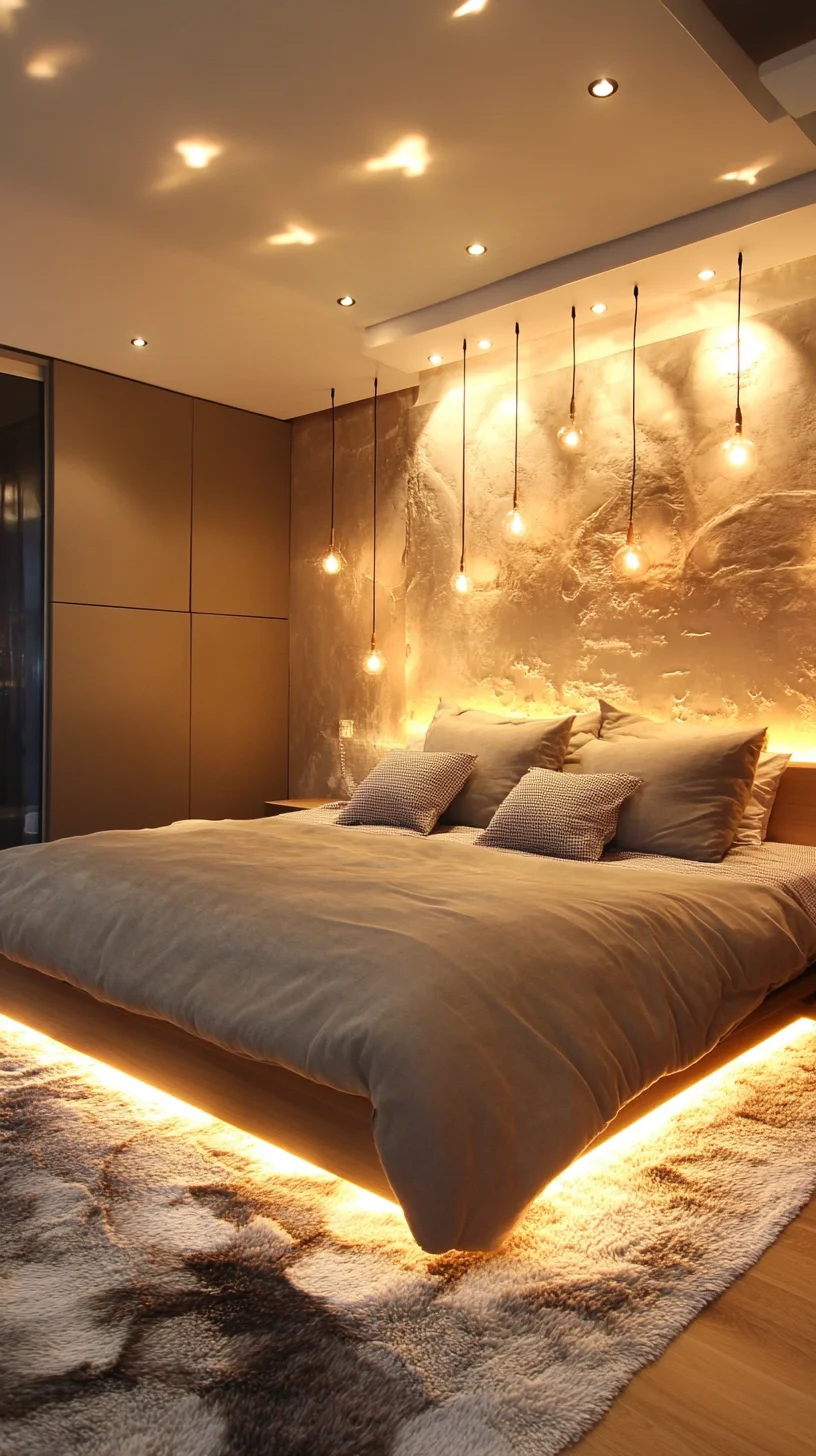 Embrace Serenity: A Modern Bedroom Oasis with Floating Glow and Textured Elegance