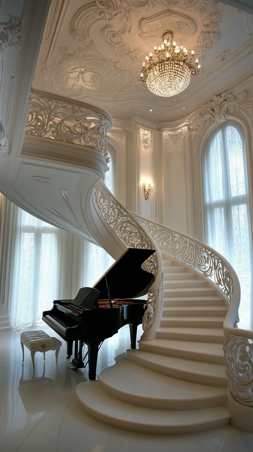 Timeless Elegance: The Majestic All-White Stairs and Grand Piano Ensemble