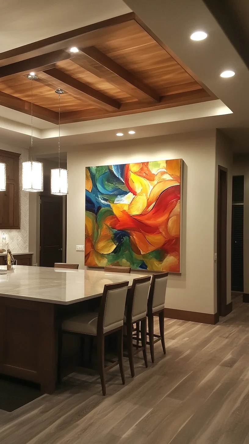 Transform Your Kitchen: Vibrant Art and Warm Wood Elevate Style and Comfort