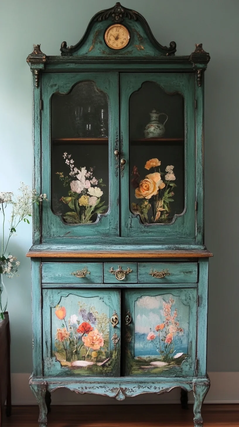 Vintage Charm: Elevate Your Space with a Hand-Painted Floral Display Cabinet