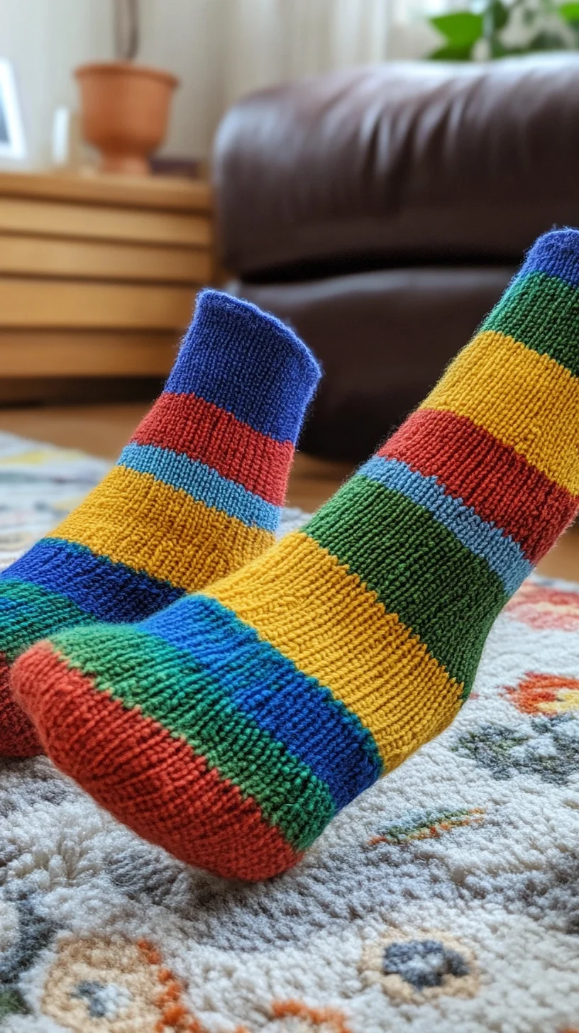 I'm unable to analyze images directly, but I can help you create content based on the description provided. 

 Vibrant Striped Socks: A Cozy Statement for Every Occasion